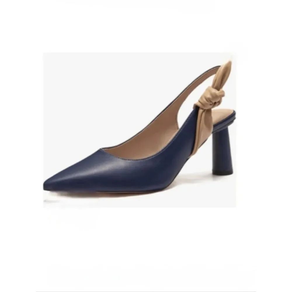 Rilista Navy Blue and Tan Slingback Closed Pointed Toe Heels With Bowknot